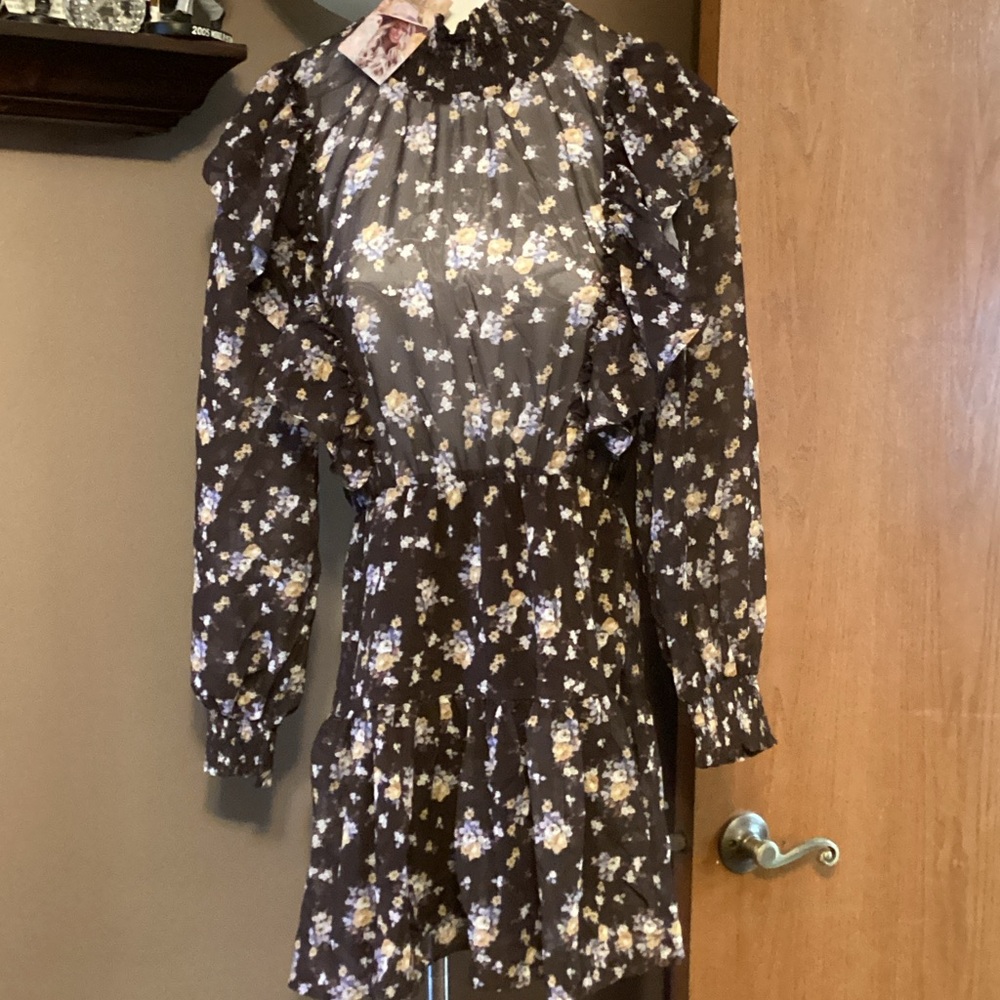 Sunday Up boho cowgirl, country long sleeve, sheer top lined bottom Floral dress